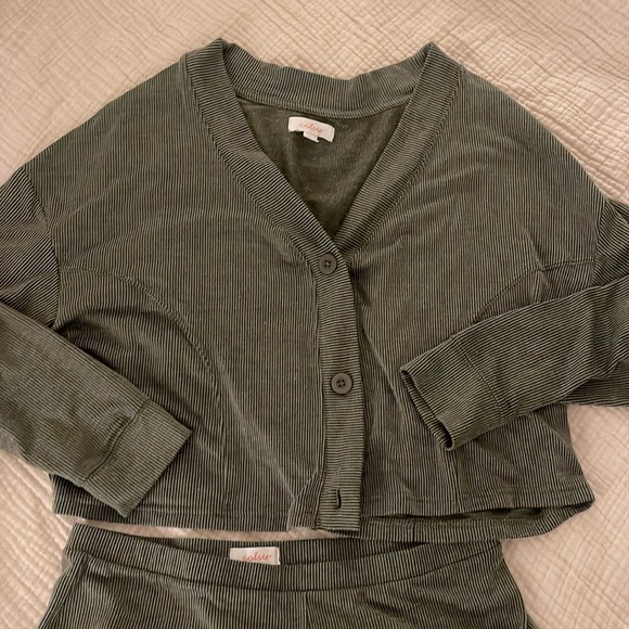 Colsie Lounge Olive Rib cropped button front cardigan and flared pant set - Picture 2 of 8